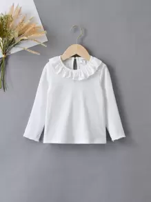 SHEIN Niñas Camiseta ribete con fruncido tejido de canalé - Blanco - Ver 1