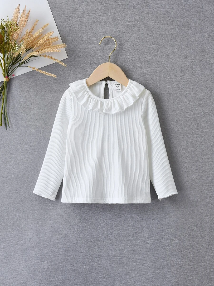 SHEIN Niñas Camiseta ribete con fruncido tejido de canalé - Blanco - Ver 1