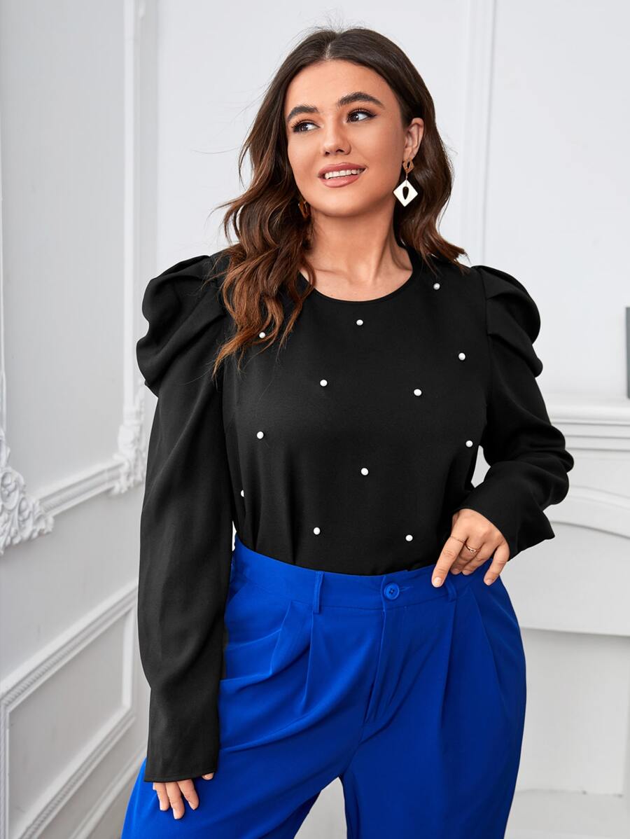 Plus Pearl Beaded Gigot Sleeve Pearls Blouse - Black - View 1