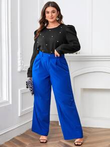 Plus Pearl Beaded Gigot Sleeve Pearls Blouse - Black - View 2