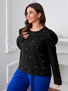 Plus Pearl Beaded Gigot Sleeve Pearls Blouse - Black - View 5