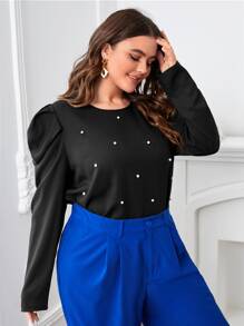 Plus Pearl Beaded Gigot Sleeve Pearls Blouse - Black - View 3