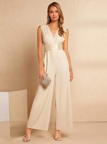 SHEIN Belle Mono elegante de pierna ancha con lazo en la espalda y unicolor, para invitado de boda