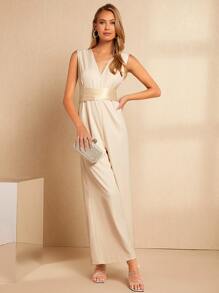 SHEIN Belle Mono elegante de pierna ancha con lazo en la espalda y unicolor, para invitado de boda