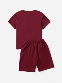 SHEIN Niños Camiseta de hombros caídos & de cintura con cordón Shorts con cadena Collar - Burdeos - Ver 2