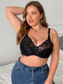 Plus Floral Lace Bow Detail Underwire Bra - Black - View 1