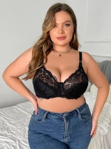 Plus Floral Lace Bow Detail Underwire Bra - Black - View 3