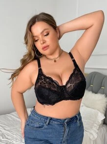 Plus Floral Lace Bow Detail Underwire Bra - Black - View 4