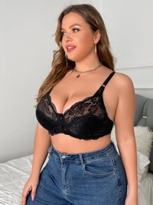 Plus Floral Lace Bow Detail Underwire Bra - Black - View 5