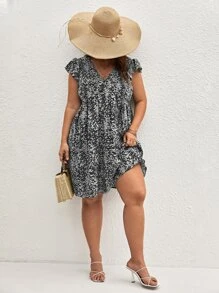 SHEIN LUNE Vestido con estampado floral ribete con fruncido - Blanco y Negro - Ver 4