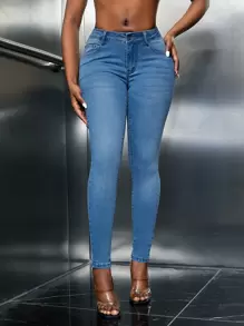 SHEIN SXY Bleach Wash Skinny Jeans - Medium Wash - View 1