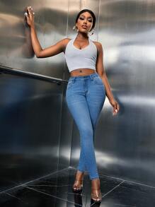 SHEIN SXY Bleach Wash Skinny Jeans - Medium Wash - View 3