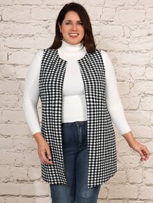 EMERY ROSE Plus Gingham Print Open Front Vest Coat