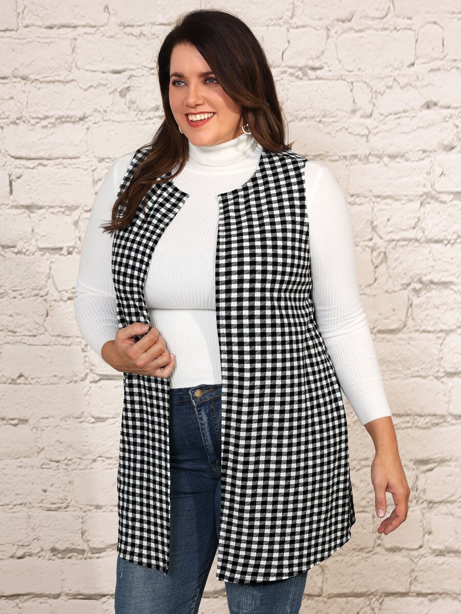 EMERY ROSE Plus Gingham Print Open Front Vest Coat