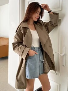 DAZY Abrigo de trinchera de doble botonadura con mangas raglán y diseño de hombreras para invierno - Camel - Ver 5