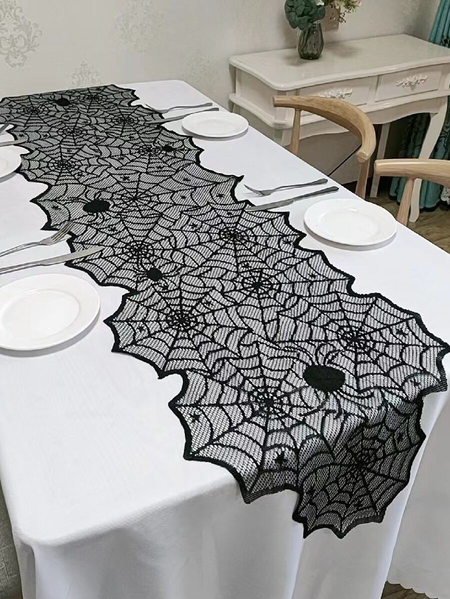 1pc Spider Web Design Table Runner, Modern Polyester Kitchen Table Runner For Home - Black - View 1