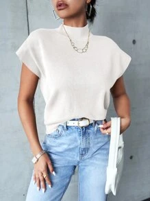 SHEIN Frenchy High Neck Batwing Sleeve Knit Top White Summer White Casual - White - View 1