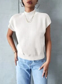 SHEIN Frenchy High Neck Batwing Sleeve Knit Top White Summer White Casual - White - View 3