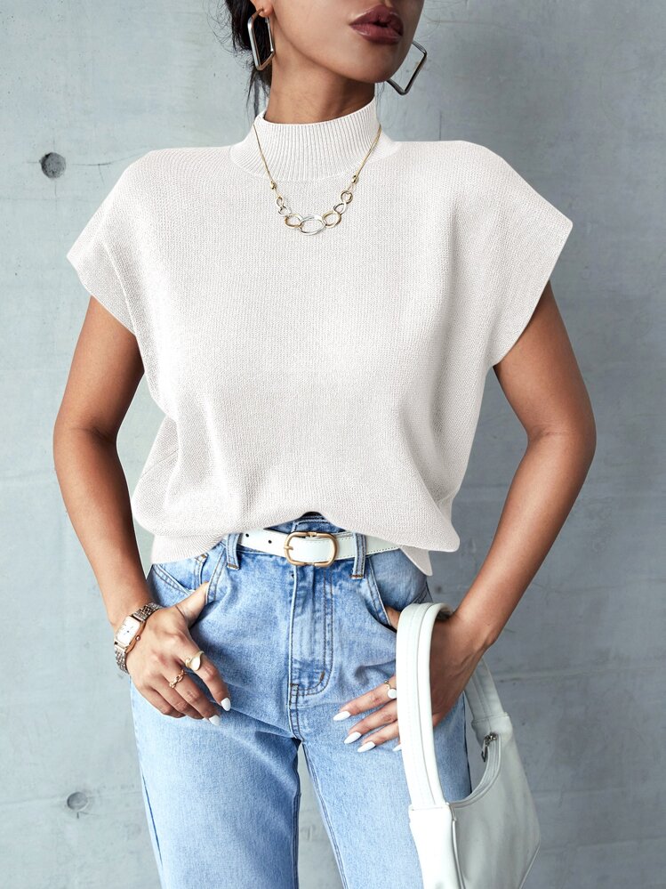 SHEIN Frenchy High Neck Batwing Sleeve Knit Top White Summer White Casual - White - View 4