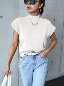 SHEIN Frenchy High Neck Batwing Sleeve Knit Top White Summer White Casual - White - View 5