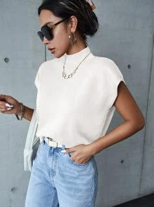 SHEIN Frenchy High Neck Batwing Sleeve Knit Top White Summer White Casual - White - View 6