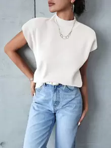 SHEIN Frenchy High Neck Batwing Sleeve Knit Top White Summer White Casual - White - View 7