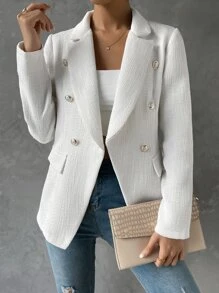 RosyDaze Blazer de doble botonadura con diseño de solapa sin cinturón - Blanco - Ver 3