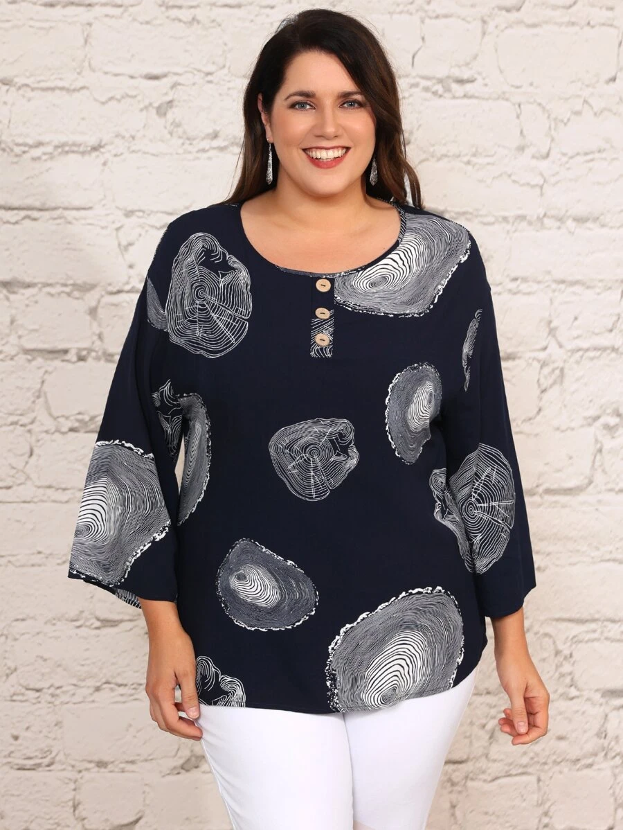 EMERY ROSE 大碼前紐扣圖案印花襯衫 - 藏蓝色 - 查看 1