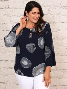 EMERY ROSE 大碼前紐扣圖案印花襯衫 - 藏蓝色 - 查看 3