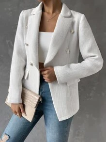 RosyDaze Blazer de doble botonadura con diseño de solapa sin cinturón - Blanco - Ver 6
