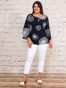 EMERY ROSE 大碼前紐扣圖案印花襯衫 - 藏蓝色 - 查看 4