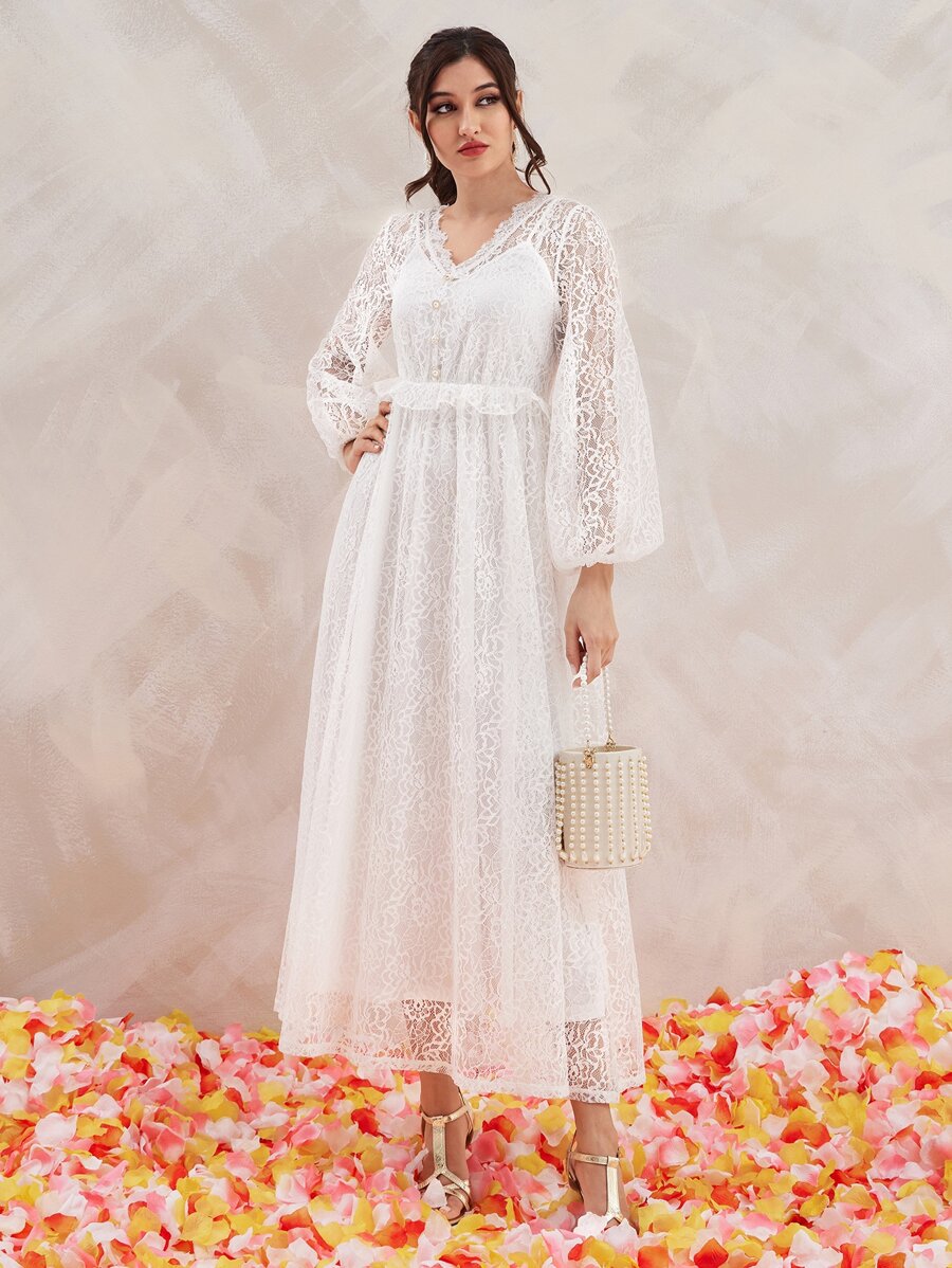 Modelyn Đầm Xù Nút phía trước màu trơn Lãng mạn - trắng - Xem 1