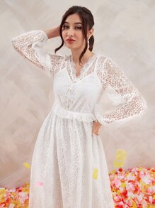 Modelyn Đầm Xù Nút phía trước màu trơn Lãng mạn - trắng - Xem 3