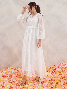 Modelyn Đầm Xù Nút phía trước màu trơn Lãng mạn - trắng - Xem 4