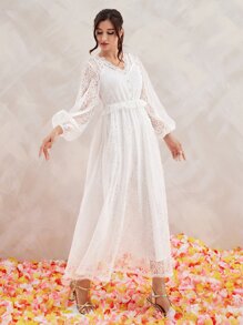 Modelyn Đầm Xù Nút phía trước màu trơn Lãng mạn - trắng - Xem 5