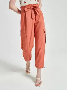 Cottnline Drawstring Hem Flap Pockets Belted Cargo Trousers - Orange - View 1