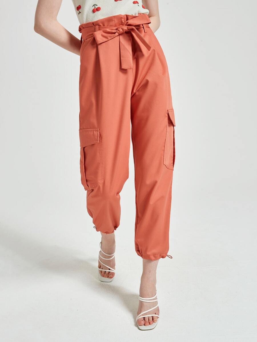 Cottnline Drawstring Hem Flap Pockets Belted Cargo Trousers - Orange - View 1