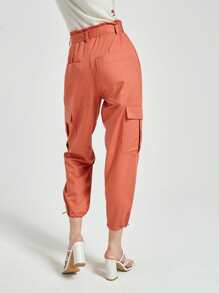 Cottnline Drawstring Hem Flap Pockets Belted Cargo Trousers - Orange - View 2