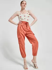 Cottnline Drawstring Hem Flap Pockets Belted Cargo Trousers - Orange - View 3