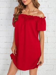 SHEIN Essnce Off Shoulder Frill Trim Dress - Red - View 3