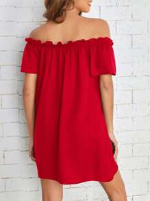 SHEIN Essnce Off Shoulder Frill Trim Dress - Red - View 4