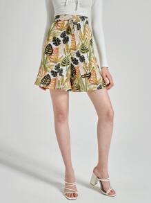 EURMUSE Allover Plants Print Ruffle Hem Shorts - Nhiều màu - Xem 1