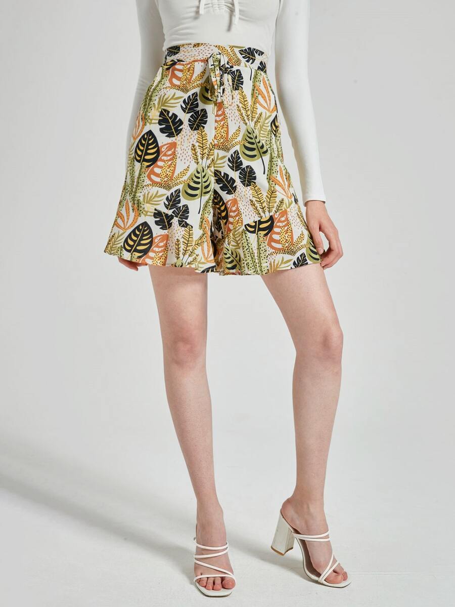 EURMUSE Allover Plants Print Ruffle Hem Shorts - Nhiều màu - Xem 1