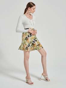 EURMUSE Allover Plants Print Ruffle Hem Shorts - Nhiều màu - Xem 2