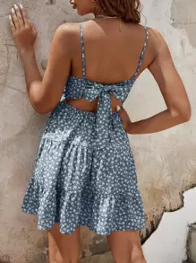 SHEIN Frenchy Tied Backless Ruffle Hem Ditsy Floral Cami Dress Summer Vacation Flower Beach Holiday Resort - Dusty Blue - View 4