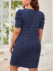 SHEIN Clasi Plus Size Floral Print Square Neckline Spring Dress With Puff Sleeves - Navy Blue - View 3