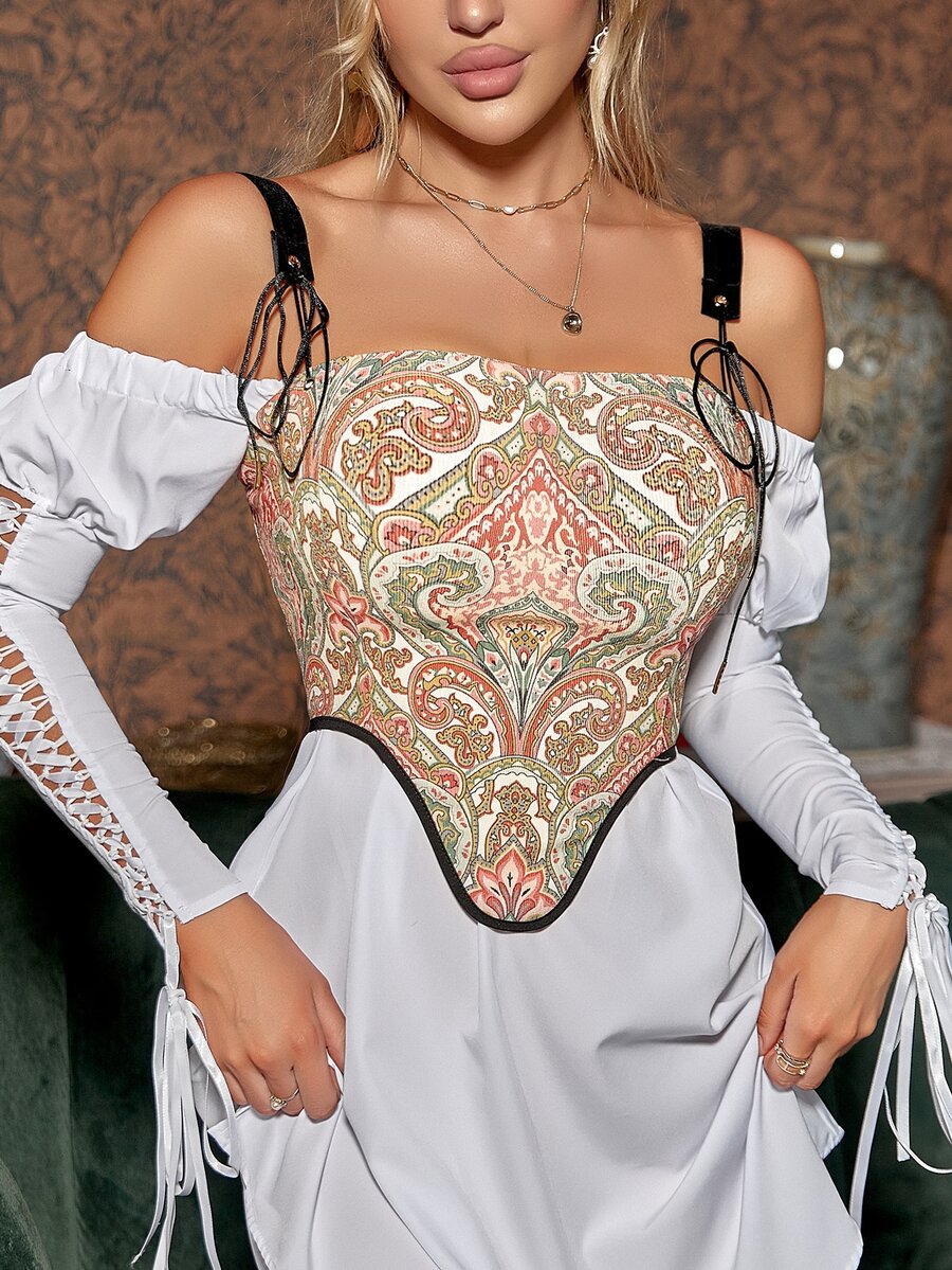 佩斯利印花繫帶不對稱下擺全包束腰腰封 - 彩色 - 查看 1