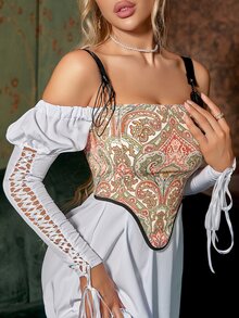 佩斯利印花繫帶不對稱下擺全包束腰腰封 - 彩色 - 查看 5