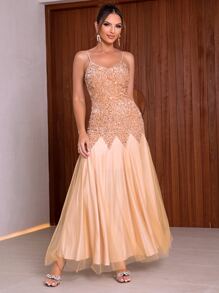 Joyfunear Contrast Sequin Mesh Hem Cami Dress - Champagne - View 1