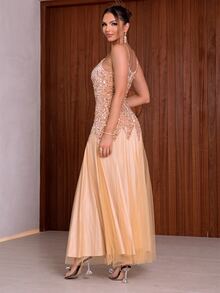 Joyfunear Contrast Sequin Mesh Hem Cami Dress - Champagne - View 2
